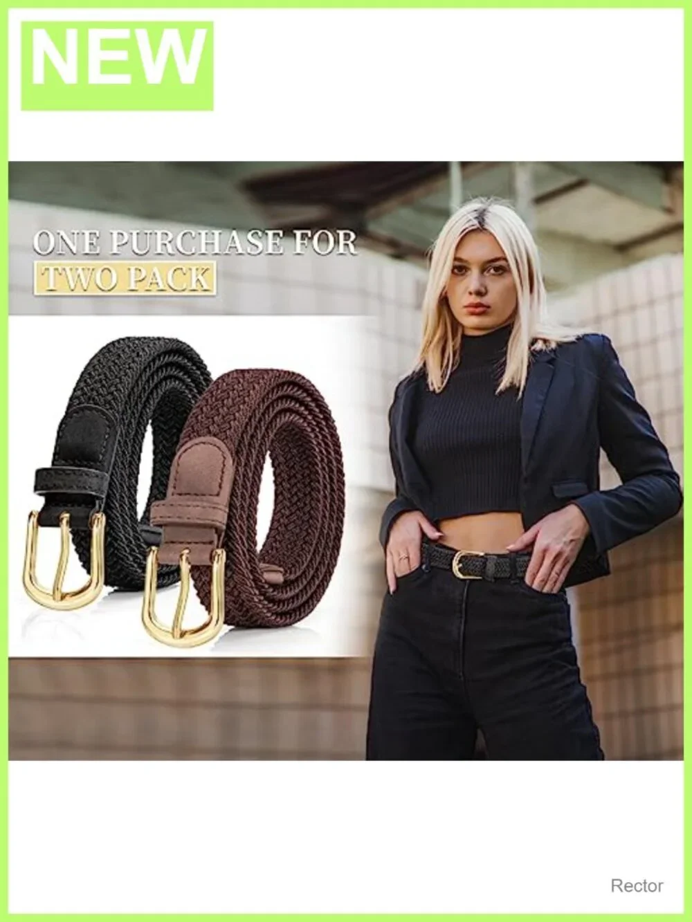 2 Pack Elastic Woven Stretch Belt for Women, Braided PU Leather Belt